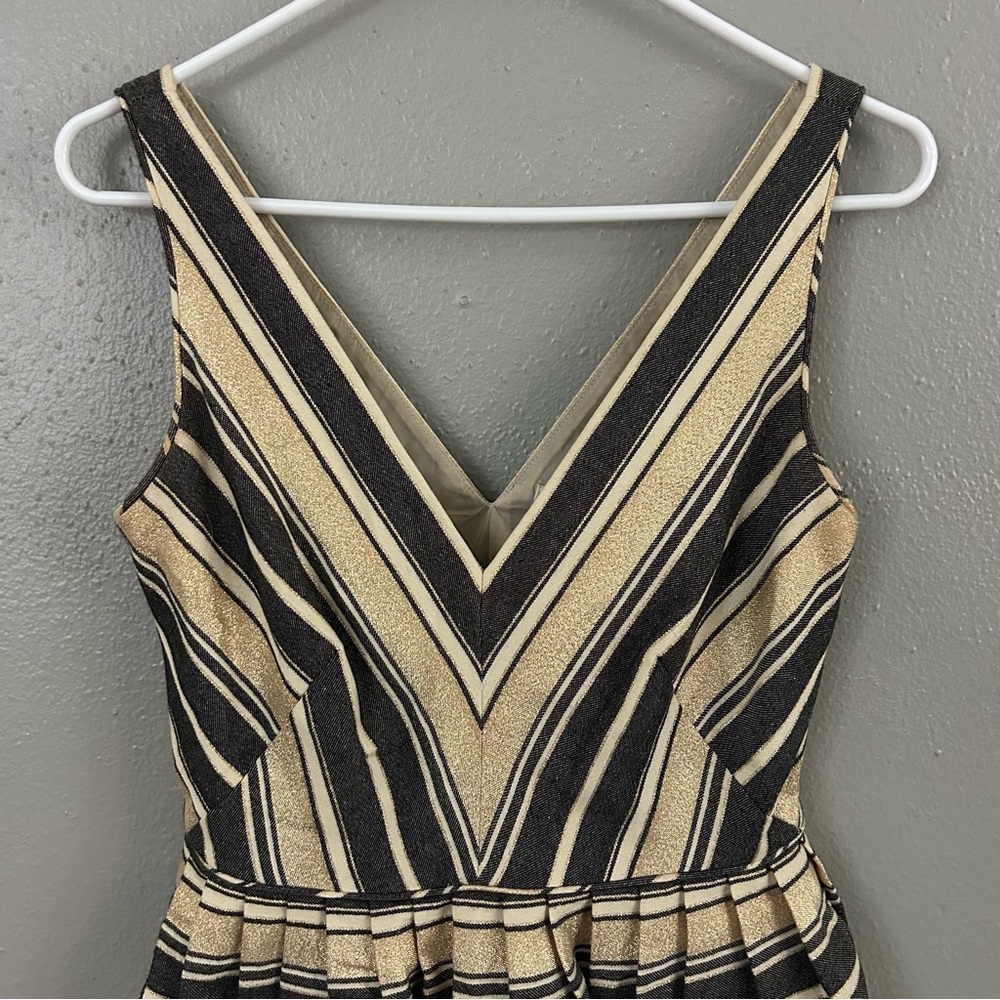 J. Crew Metallic Gold Striped Fit & Flare Mini Dress Size 2 Cocktail Party Glam - Picture 3 of 13